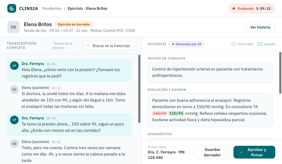 Pantalla de nota clínica editable de Clinsia, con transcripción y nota lado a lado