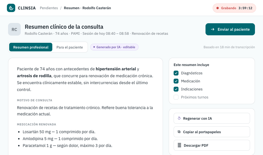 Pantalla de resumen clínico generado por IA en Clinsia